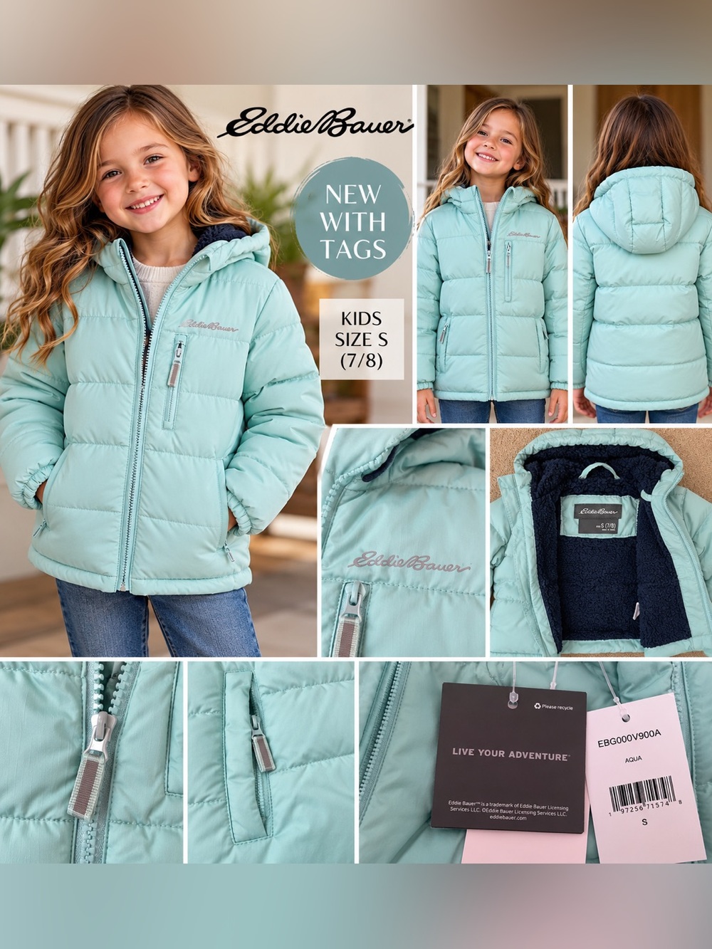 NWT Eddie Bauer Girls Aqua Puffer Jacket Hooded Coat Size S 7/8